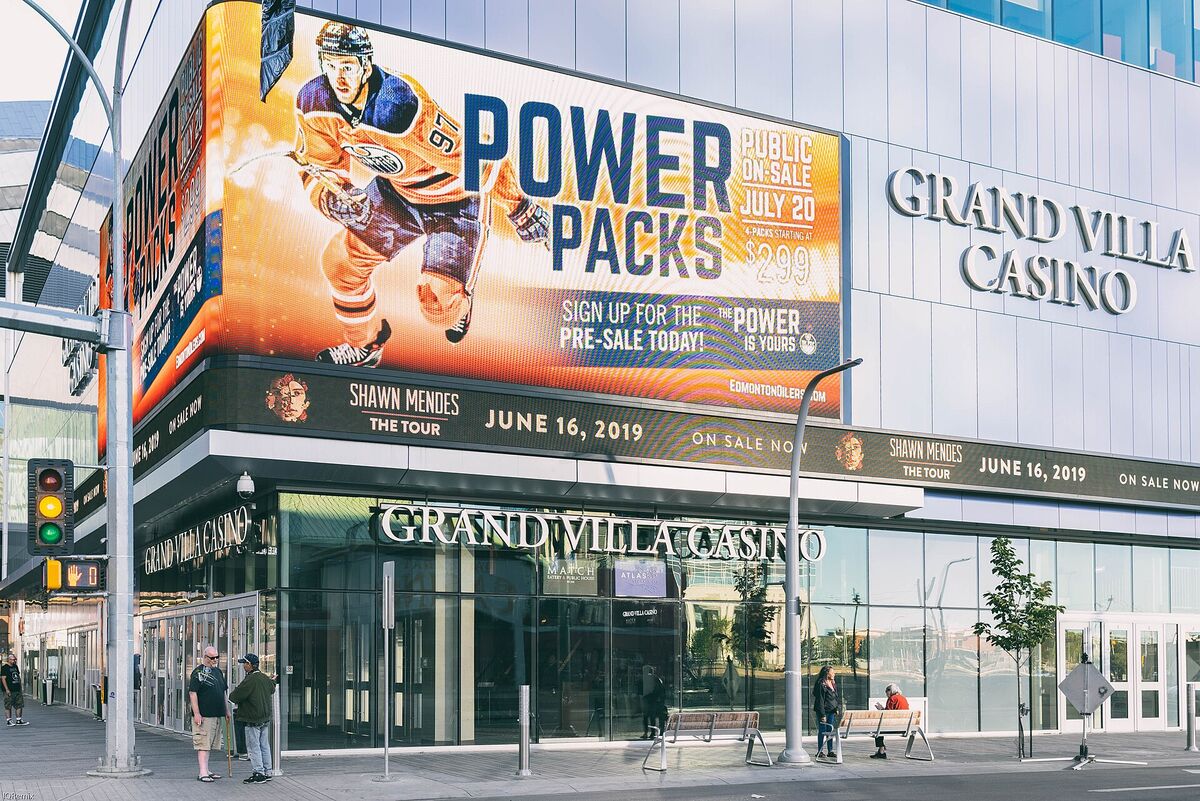 The entrance of the Grand Villa Casino in Edmonton's ICE District with large signage