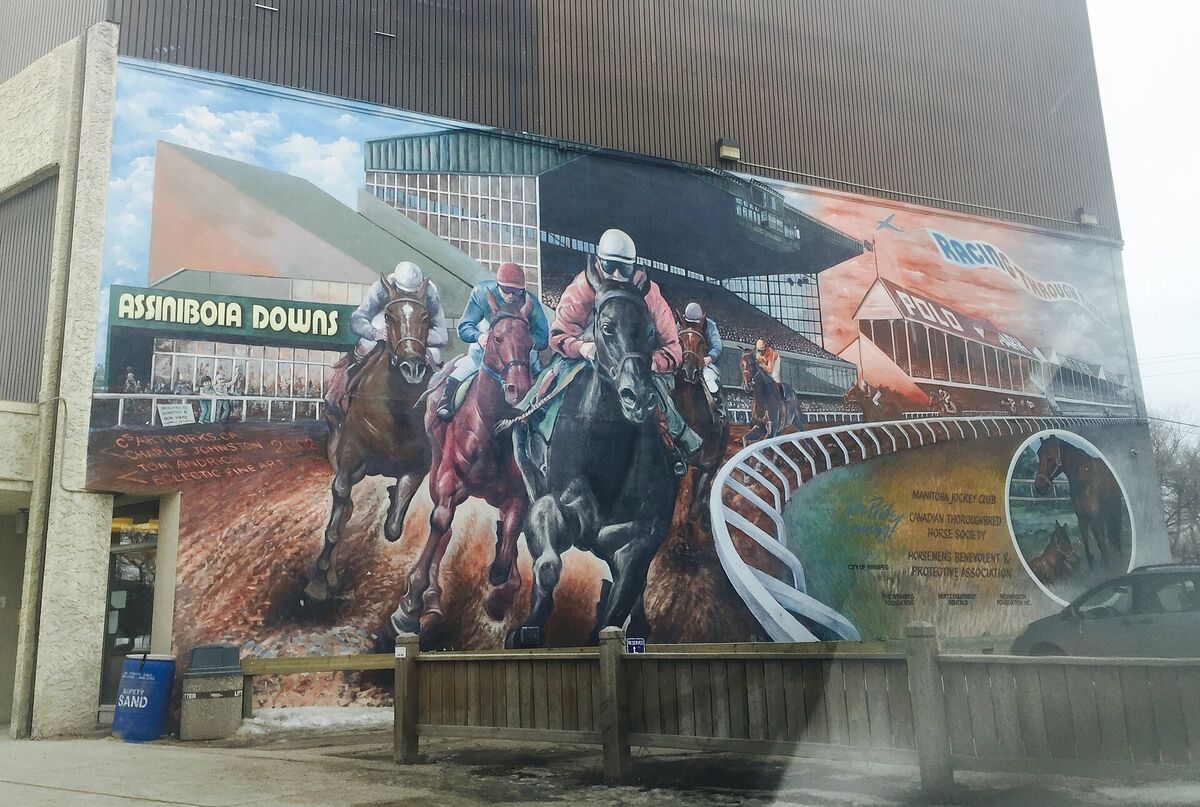 A painted mural of thoroughbreds racing on the wall of an Assiniboia Downs building