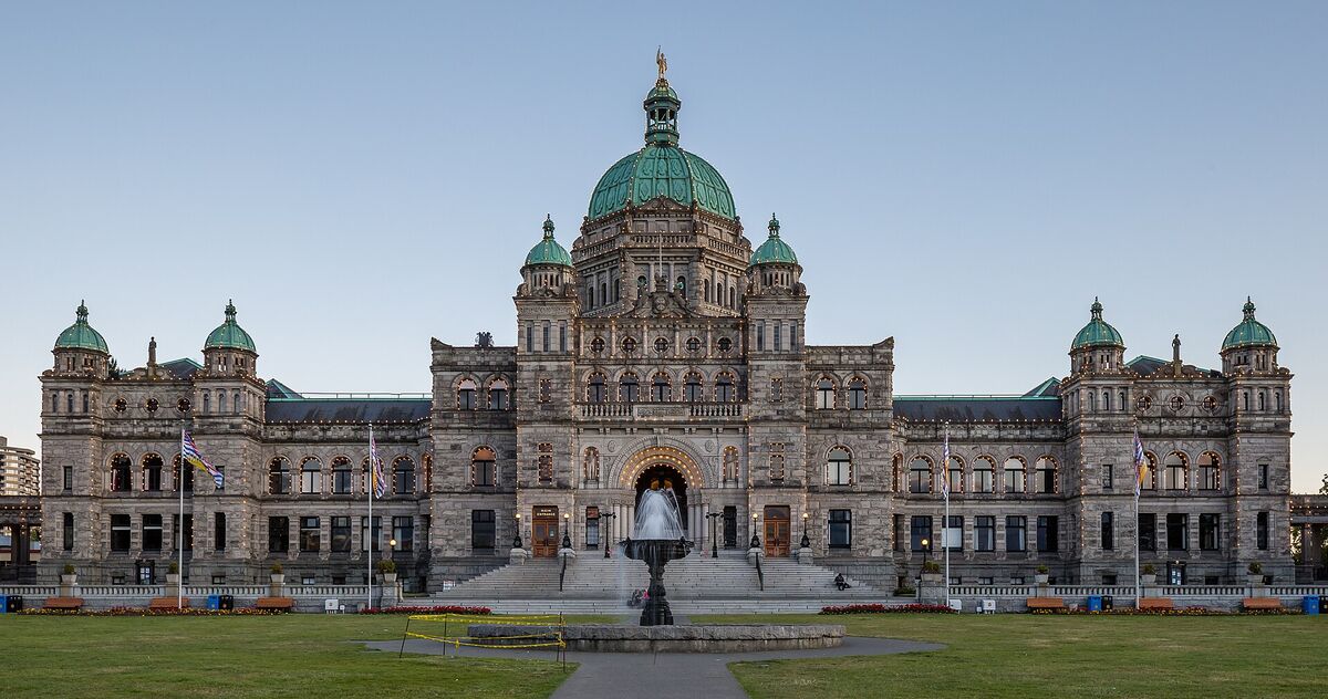 The British Columbia Parliament Buildings in Victoria with lawn in front