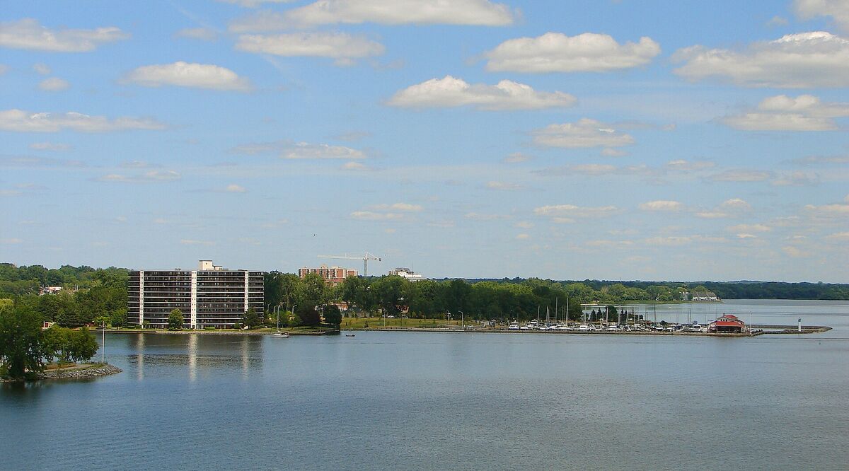 Belleville waterfront on the Bay of Quinte with an apartment tower and marina