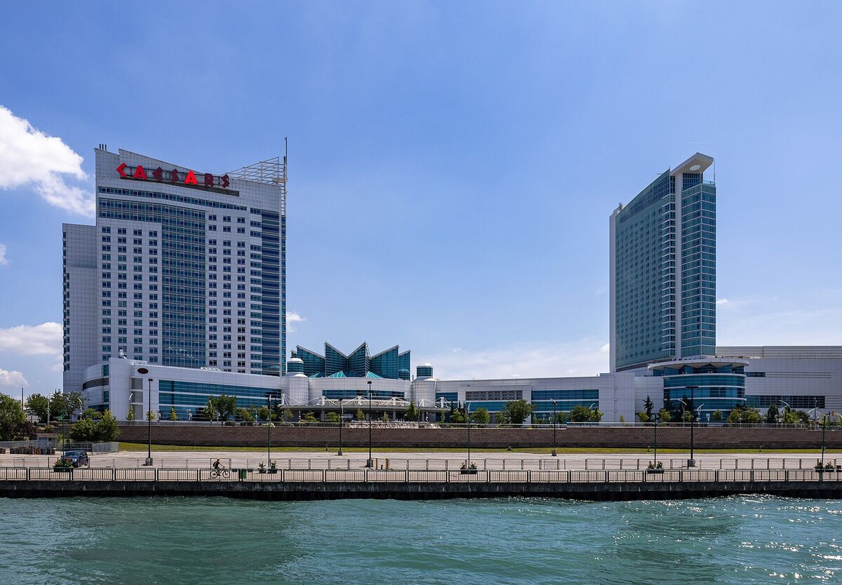 Caesars Windsor hotel towers seen from the Detroit River
