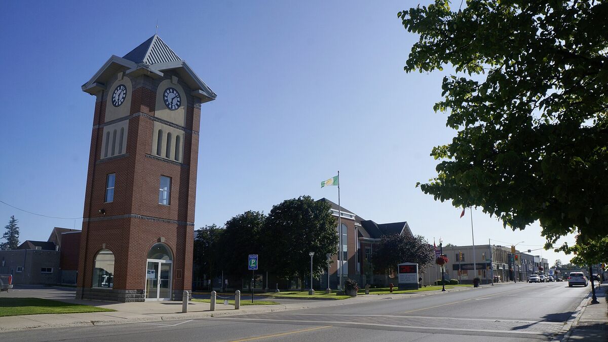 Brick clock tower beside the civic centre on the main street of Hanover, Ontario