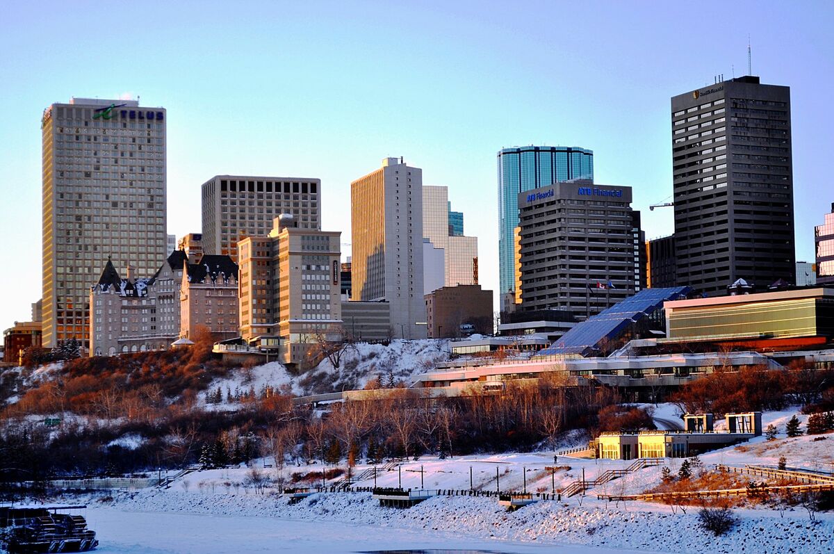 Downtown Edmonton skyline above the snow-covered North Saskatchewan River valley