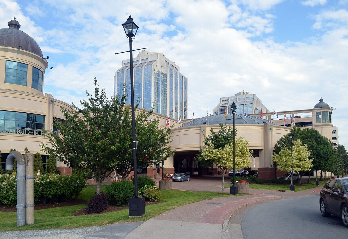 Entrance of Casino Nova Scotia on the Halifax waterfront with office towers behind