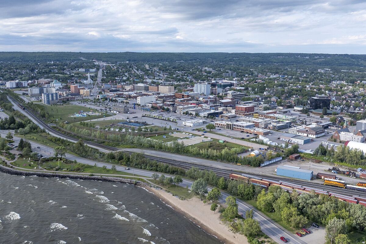 Aerial view of downtown North Bay, Ontario, on the shore of Lake Nipissing