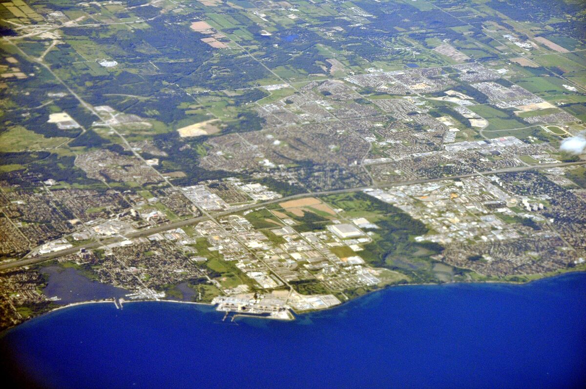 Aerial view of Pickering, Ontario, with the Lake Ontario shoreline in the foreground