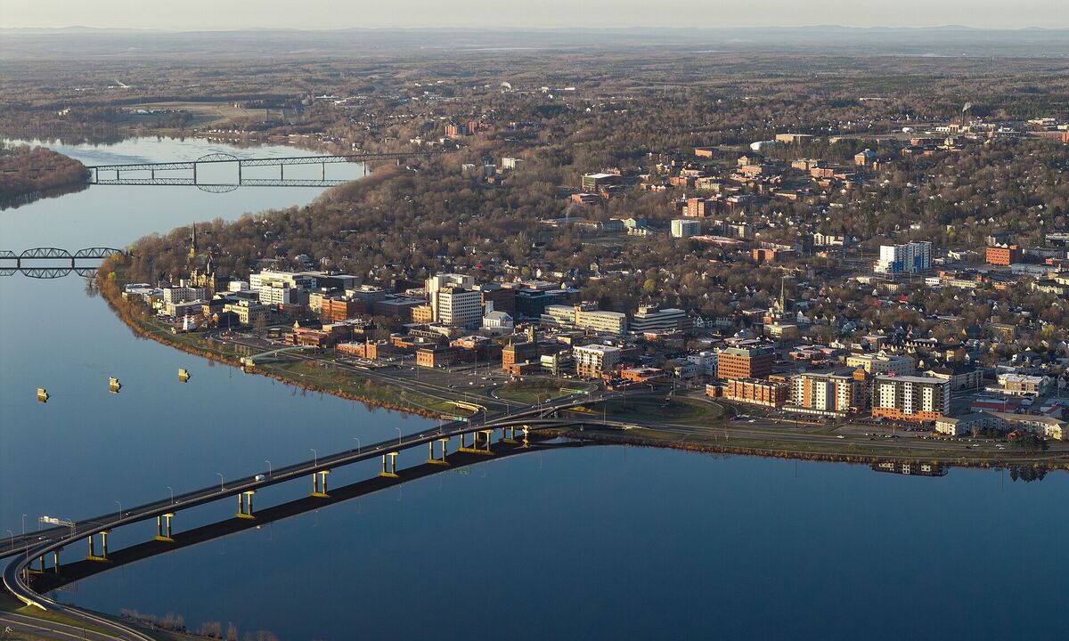 Aerial view of downtown Fredericton beside the Saint John River